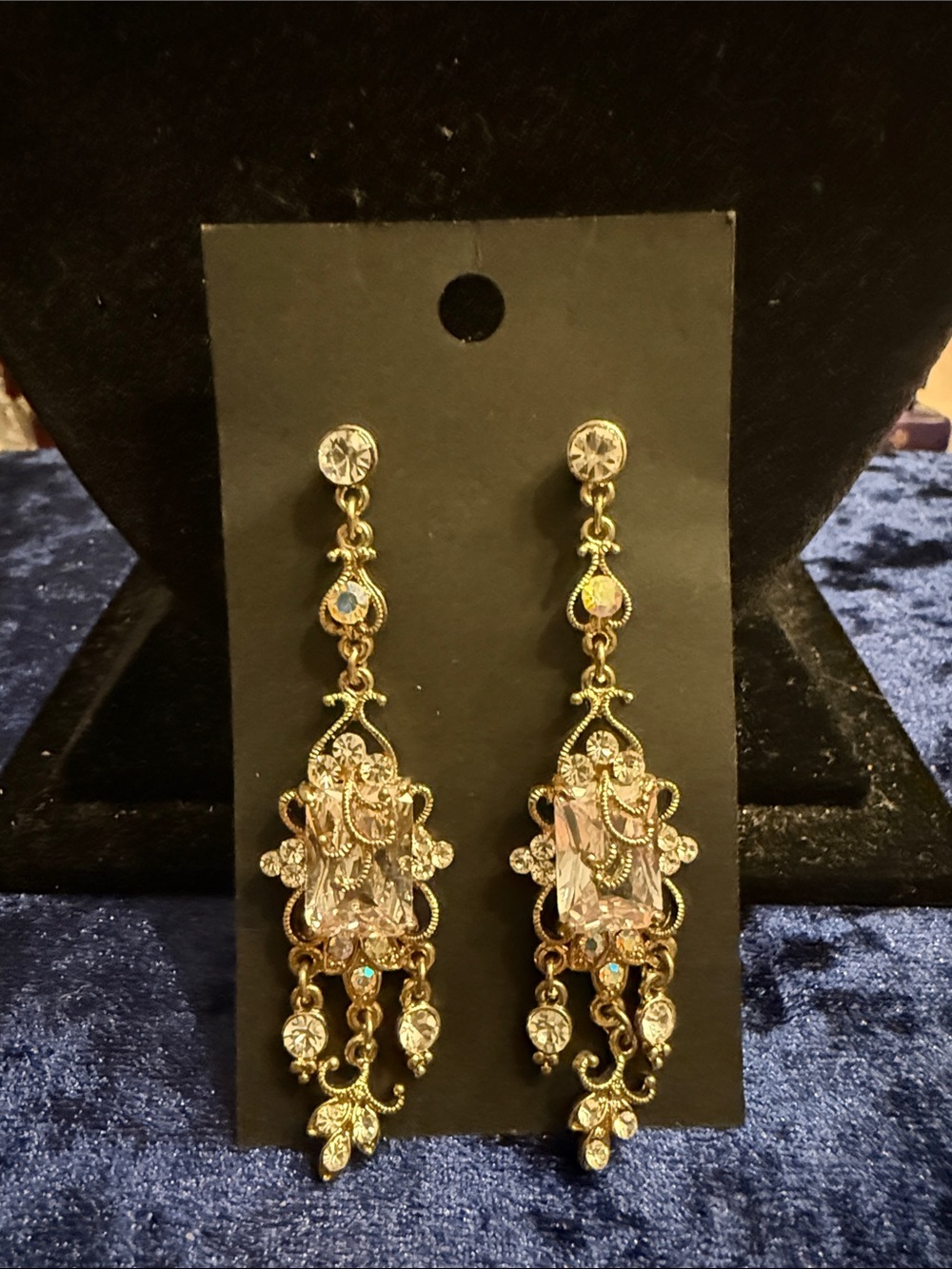 Large crystal and rhinestone chandelier gold tone pierced earrings